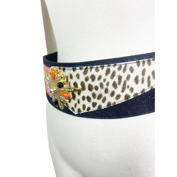 Leo Isba Vintage 1980's Suede Patchwork Jeweled Leopard Waist Cincher Belt - Picture 5 of 8